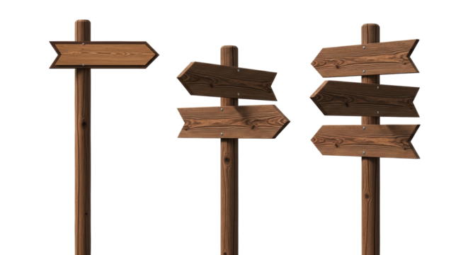 Isolated three directional wooden signpost pointing various directions for wayfinding