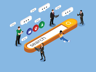 People Using a Search Bar on the Internet to Find Information, Online Research and Digital Marketing, Web Technology. 3d vector illustration