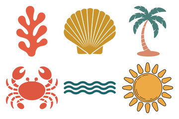 Tropical beach icon set with coral, shell, palm tree, crab, wave and sun in flat playful style for summer design, vector
