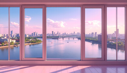 A view from an indoor window of the river and cityscape at sunset, dyed pink.