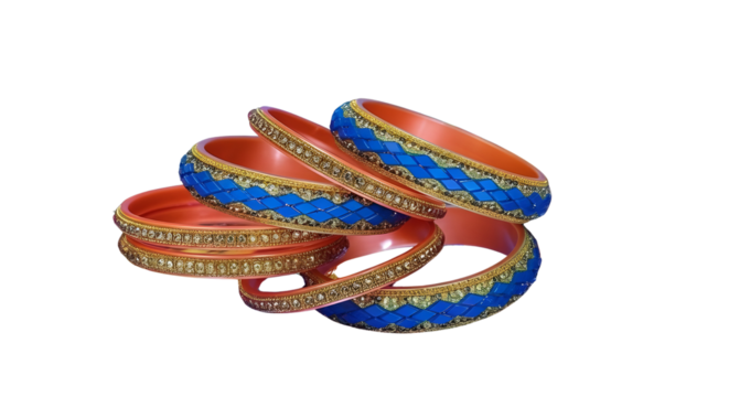 Pile of orange bangles with blue and gold design isolated PNG with Transparent Background