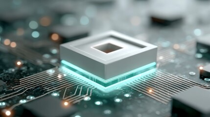 Futuristic microchip on circuit board with glowing lines and geometric design