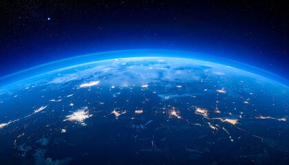 Obraz premium A vibrant, close-up view of Earth from space, showcasing its blue atmosphere, city lights, and starry backdrop