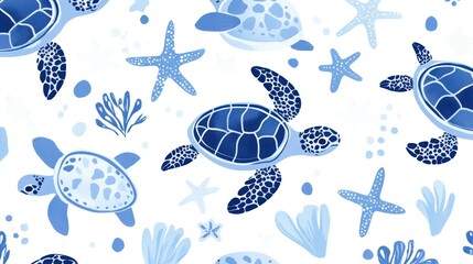 Blue sea turtles and starfish swim amidst ocean plants on a white background.  A charming aquatic pattern