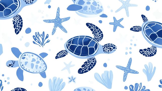 Blue sea turtles and starfish swim amidst ocean plants on a white background.  A charming aquatic pattern