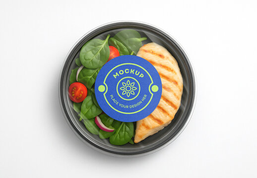 Grilled Chicken and Spinach Salad Bowl Plastic Food Container Packaging Mockup with Tomatoes