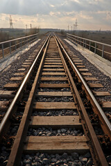 Fototapeta premium Converging railway lines on an elevated track leading towards a distant horizon under a dramatic sky