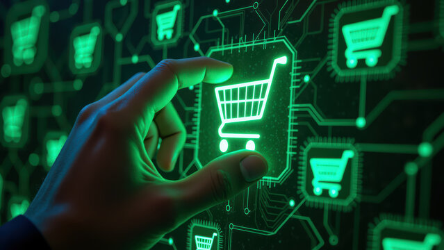 Digital shopping cart hand technology e commerce online shopping green circuit board futuristic interface retail consumer purchase icon graphic