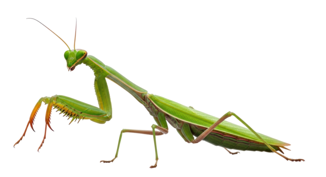Isolated praying mantis, green insect predator, with its powerful grasping forelimbs on display