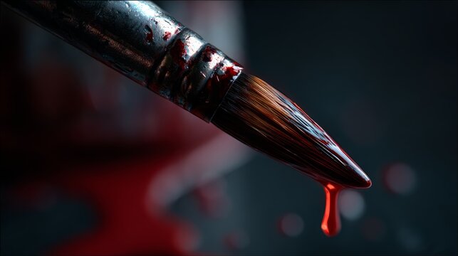 Close-up of a paintbrush with red paint dripping against dark background - Powered by Adobe