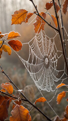 Frost crystals forming intricate patterns on a spiderweb among autumn leaves.