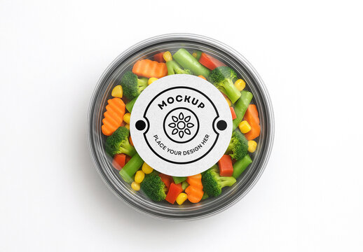 Mixed Vegetables Round Plastic Food Container Packaging Mockup with Label