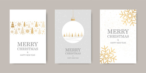 Merry Christmas and Happy New Year greeting card with a Christmas tree, snowflakes, and fir trees. Vector illustration, greeting card design, and cover.