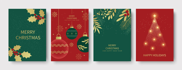 Luxury design for Merry Christmas and New Year greetings. Golden branches, holly, and Christmas tree baubles on a red and green background.
