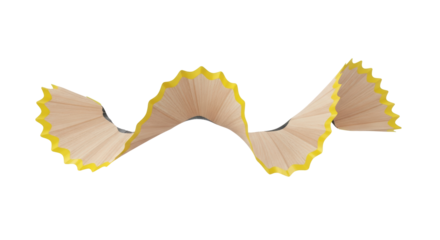 Isolated pencil shaving, thin wood curl with yellow tip, abstract art, natural product