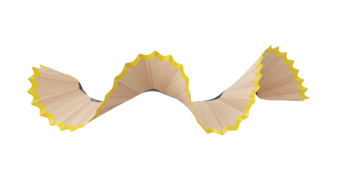 Isolated pencil shaving, thin wood curl with yellow tip, abstract art, natural product