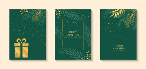 Luxury set of cards for Christmas and New Year greetings. Golden branches, a gift, and a fir tree on a green background.