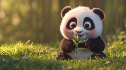 Fototapeta premium Adorable baby panda enjoying a bamboo leaf in a sunlit forest clearing