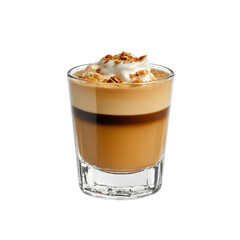 Layered coffee drink with whipped cream and topping isolated on white background