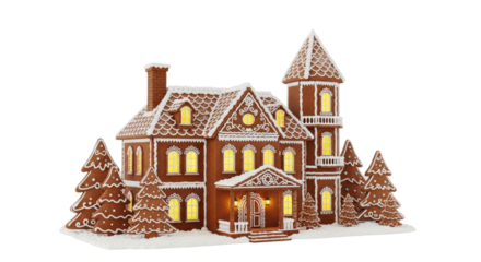 Isolated gingerbread house with Christmas trees for a holiday season diorama project