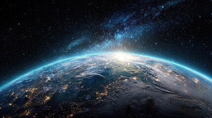 Obraz premium Stunning Night Earth From Space Showing City Lights and Milky Way Galaxy A Breathtaking View of Our Planet at Night