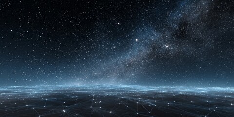 Stunning night sky with milky way and digital network horizon