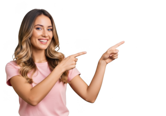 Smiling woman pointing both hands isolated on transparent background