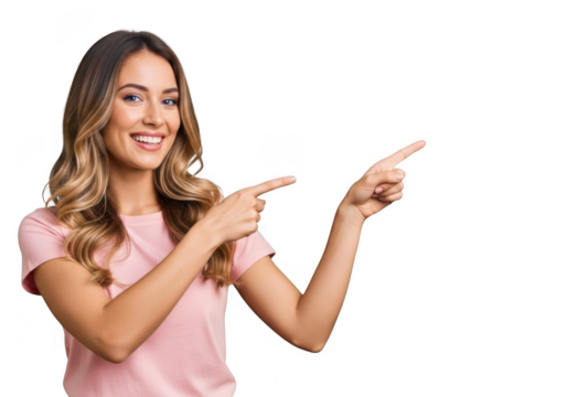 Smiling woman pointing both hands isolated on transparent background - Powered by Adobe
