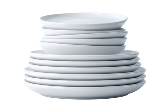 Symmetrical stack of white ceramic plates on plain background, cut out