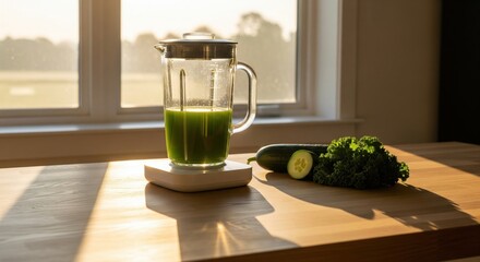 Green detox smoothie in a blender on a wooden kitchen counter with fresh cucumber and kale, bathed in warm morning sunlight.