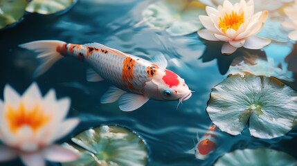 Koi fish swims serenely among water lilies in a pond