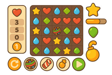 Vector match 3 puzzle game UI kit. Cartoon assets for mobile app. Includes icons, buttons, progress bar, bomb and candy boosters. Flat illustration for casual gaming.