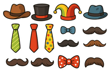 Photo booth props set with fun cartoon hats, mustaches, and ties. Gentleman party costume accessories collection. Vector icon pack for carnival, character design or masquerade.