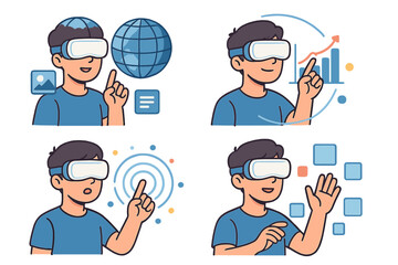 Man in VR headset explores metaverse. Virtual reality technology concept. Character interacting with holographic interface, data charts, and global network. Set of illustrations.