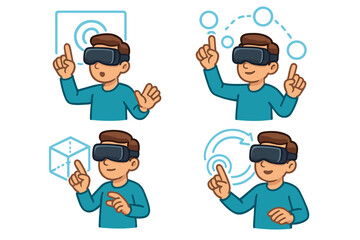 Man wearing VR headset interacts with augmented reality interface. Set of cartoon characters exploring metaverse. Future technology, virtual simulation, and UX concepts vector.