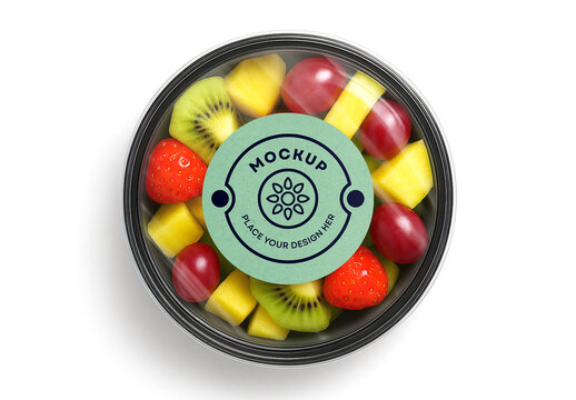 Fruit Salad Mix Round Plastic Food Container Packaging Mockup with Label