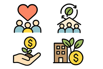 Social impact icon set for community development and financial growth. Vector symbols for sustainable initiatives, charity, CSR, ESG, and ethical investment projects.