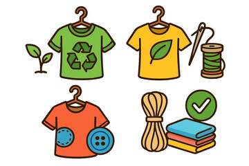 Sustainable fashion icon set. Eco-friendly clothing concepts like recycling, reusing, repairing, and upcycling. Slow fashion, organic fabric, and conscious consumerism vector.