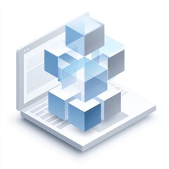 Abstract Data Cubes Floating over Laptop Illustrating Digital Technology and Cloud Computing