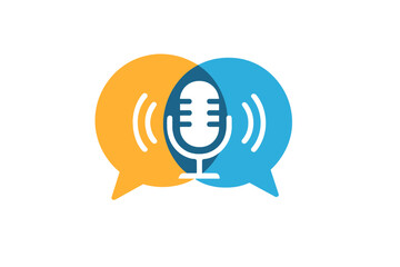 Overlapping colorful chat bubbles with microphone podcast logo, communication symbol, voice recording concept, discussion, dialogue, talk show, podcasting icon, audio broadcast illustration