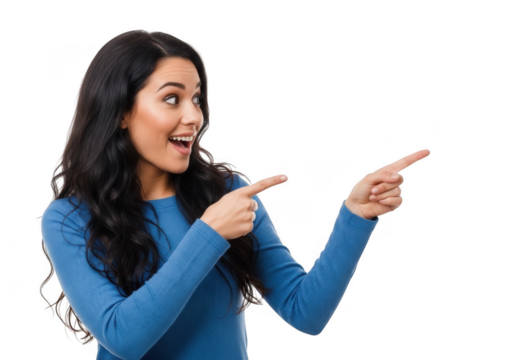 Woman pointing with fingers at something isolated on transparent background
