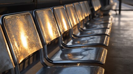 Empty metallic chairs at a bus stop bathed in warm sunlight a waiting area scene of peaceful anticipation