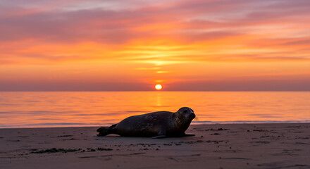 Curious harbor seal pup rests on a sandy beach, bathed in the warm glow of a stunning sunset.
