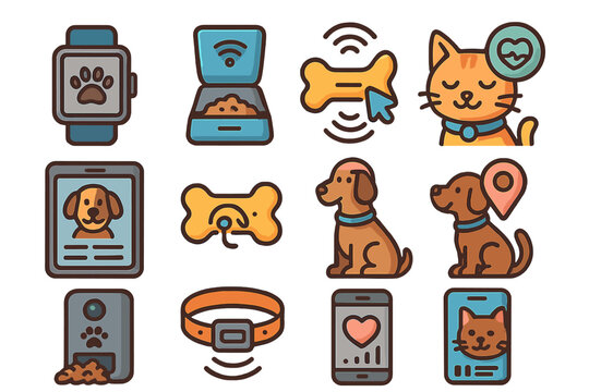 Pet technology icons depicting smart devices and pets for tracking, monitoring health, activities, GPS location, feeding, and digital pet identification vector cartoon