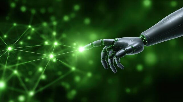 A futuristic robotic hand reaching out to connect with glowing green nodes, symbolizing advanced technology and artificial intelligence.