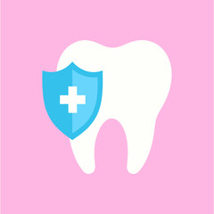 Vector icon of tooth with shield, symbol of teeth protection and oral health