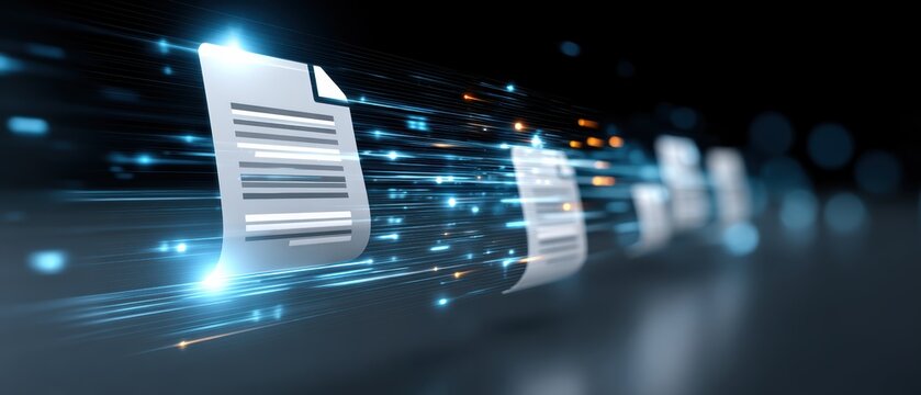 A futuristic depiction of digital documents moving rapidly, symbolizing speed and efficiency in data processing and technology.