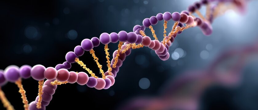 A detailed representation of a DNA helix, showcasing its intricate structure with vibrant purple and gold elements against a blurred background.