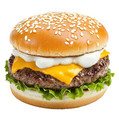 Juicy Cheeseburger with Fresh Lettuce and Creamy Sauce on Bun