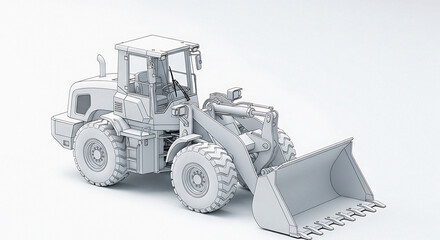 Naklejka premium Detailed front loader construction vehicle with scoop and wheels on white surface for industrial projects